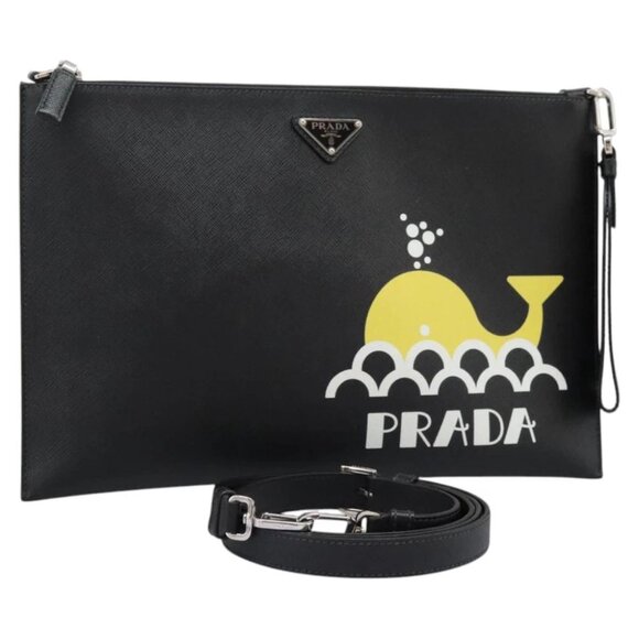 PRADA Clutch Bag Leather 2way Black Auth PP352AV - Picture 1 of 14
